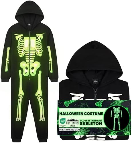 Get Trend Onesie for Kids Boys Teens 5-14 Yrs Glow in the Dark Skeleton Halloween Jumpsuit Fleece Sleepsuit Gifts for Boys