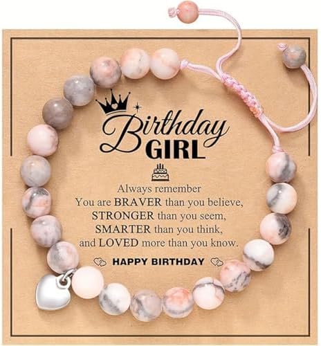 Girl Birthday Gift Bracelet Pink Heart Zebra Jasper Bracelet Sweet Message Card Best Teen Cute Christmas Graduation Charm Present Birthday Valentines Day Gift for Granddaughter Old Niece