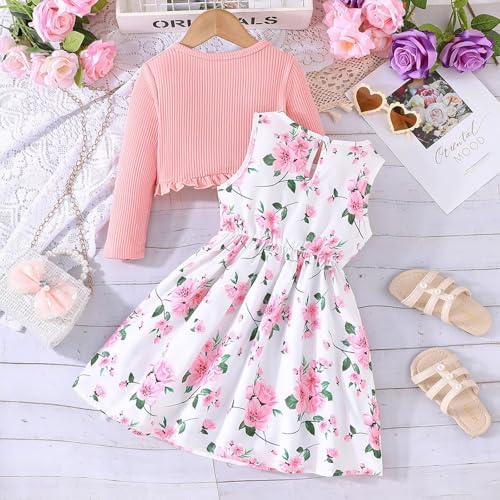 Girl Dress Toddler Long Sleeve Dresses A-line Floral Casual Party Dress With Cardigan Sets For Little Big Kids 4-13 Years
