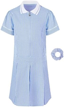 Girl's School Uniform Pleated Gingham Summer Dress + Hair Bobble Age 3 4 5 6 7 8 9 10 11 12 13 14 15 16 17 18 Years