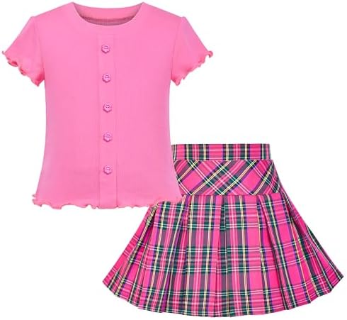Girls 2 Piece Set Skirt T-Shirt Crop Rib-Knit Plaid Casual School Age 4-10 Years