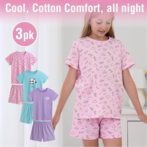 Girls 3 Pack Shorty Pyjamas Sets 100% Cotton Comfortable Sleepwear With Elasticated Waist Short Sleeve Tops & Shorts Breathable Kids Nightwear For Ages 8–13 Machine Washable Gift Set