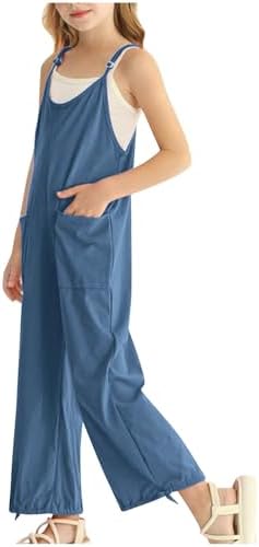 Girls Adjustable Spaghetti Strap Jumpsuits Kids Sleeveless Casual Loose Overalls With Pockets Solid Color Comfy Cool 