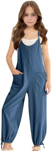 Girls Adjustable Spaghetti Strap Jumpsuits Kids Sleeveless Casual Loose Overalls with Pockets Solid Color Comfy Cool 