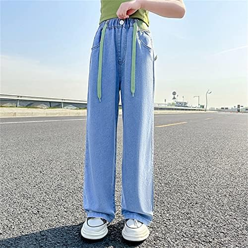 Girls Baggy Jeans Drawstring Kids Straight Leg Jeans Elastic Waist Light Blue Hip Hop Jeans Teens Casual Denim Trousers Soft Dance Pants Spring Summer