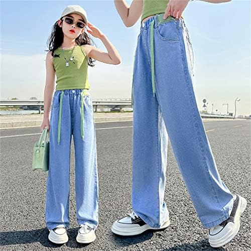 Girls Baggy Jeans Drawstring Kids Straight Leg Jeans Elastic Waist Light Blue Hip Hop Jeans Teens Casual Denim Trousers Soft Dance Pants Spring Summer