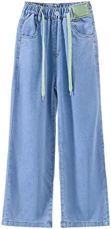Girls Baggy Jeans Drawstring Kids Straight Leg Jeans Elastic Waist Light Blue Hip Hop Jeans Teens Casual Denim Trousers Soft Dance Pants Spring Summer