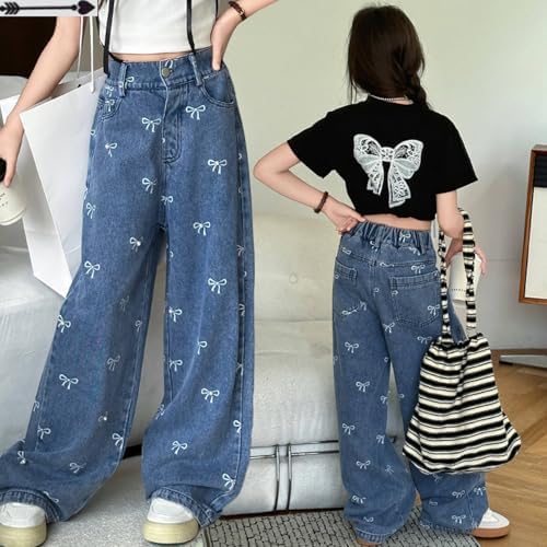 Girls Baggy Jeans Kids Bow Print Jeans Cute Pattern Blue Elasticated Waist Teens Denim Cargo Trousers Wide Leg Girl Hip Hop Pants Vintage Casual Spring Summer Joggers