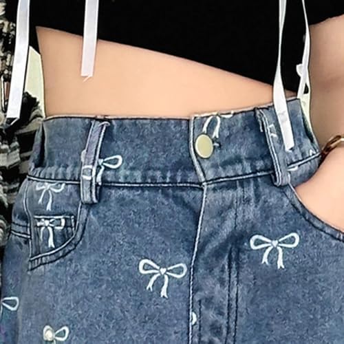 Girls Baggy Jeans Kids Bow Print Jeans Cute Pattern Blue Elasticated Waist Teens Denim Cargo Trousers Wide Leg Girl Hip Hop Pants Vintage Casual Spring Summer Joggers
