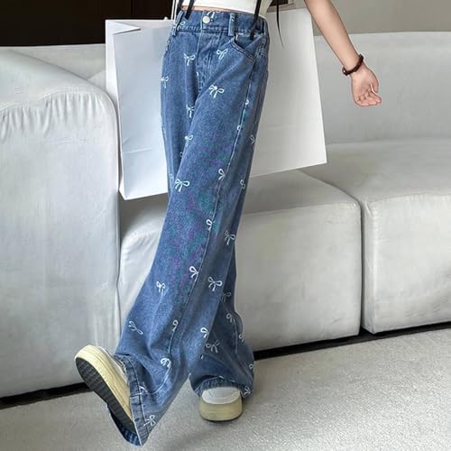 Girls Baggy Jeans Kids Bow Print Jeans Cute Pattern Blue Elasticated Waist Teens Denim Cargo Trousers Wide Leg Girl Hip Hop Pants Vintage Casual Spring Summer Joggers