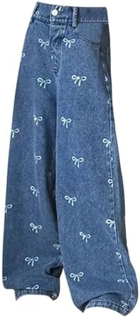 Girls Baggy Jeans Kids Bow Print Jeans Cute Pattern Blue Elasticated Waist Teens Denim Cargo Trousers Wide Leg Girl Hip Hop Pants Vintage Casual Spring Summer Joggers