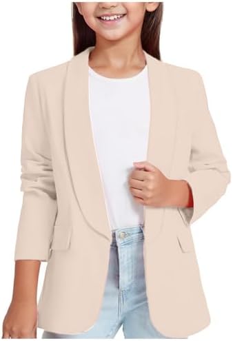 Girls Blazer Jacket Solid Color Lapel Suit Open Front Long Sleeve Blazers for Kids Girls Shawl Formal Suit Jacket Open Front Inner Pocket for Kids Size 5-14 Years