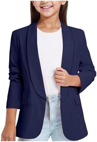 Girls Blazer Long Sleeve Top Girls Jackets Formal Suit Jacket Open Front for Kids Blazer Lapel Suit Jacket Casual School Party Festival Prom Blazers Inner Pocket Jackets Outerwear 3-14 Years