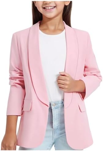 Girls Blazer Long Sleeve Top Girls Jackets Formal Suit Jacket Open Front for Kids Blazer Lapel Suit Jacket Casual School Party Festival Prom Blazers Inner Pocket Jackets Outerwear 3-14 Years