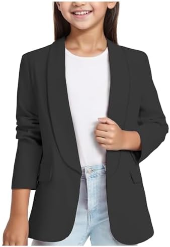 Girls Blazer Suit Open Front Cardigan 3/4 Ruched Sleeve Casual Work Office Cropped Blazer Jacket for Kid Shawl Formal Suit Jacket Coat Outerwear with Pocket