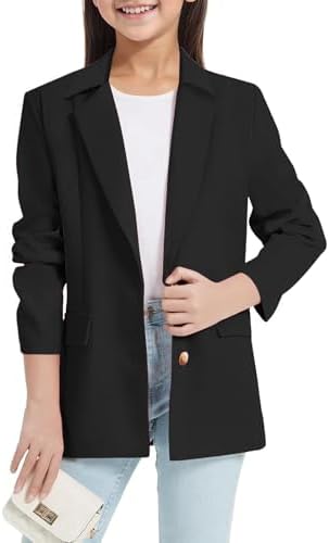 Girls' Blazers Suit Solid Color Lapel Suit Open Front Long Sleeve Blazers Jacket Button Down Blazers Casual Kids Jacket Girls Party Outfits Girls Little Blazer Girls Black Blazer School Dresses
