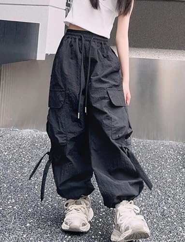Girls Cargo Jogger Pants High Elastic Waist Drawstring Baggy Pants With Bowknot Casual Streetwear Hip Hop Trousers With Pockets For 5-14 Years