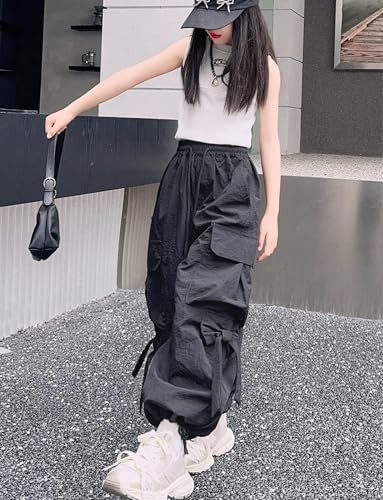 Girls Cargo Jogger Pants High Elastic Waist Drawstring Baggy Pants With Bowknot Casual Streetwear Hip Hop Trousers With Pockets For 5-14 Years