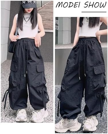 Girls Cargo Jogger Pants High Elastic Waist Drawstring Baggy Pants With Bowknot Casual Streetwear Hip Hop Trousers With Pockets For 5-14 Years