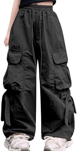 Girls Cargo Jogger Pants High Elastic Waist Drawstring Baggy Pants with Bowknot Casual Streetwear Hip Hop Trousers with Pockets for 5-14 Years