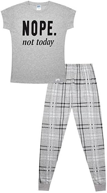 Girls Cheeky Nope Not Today Checked Leg Long Cotton Pyjamas