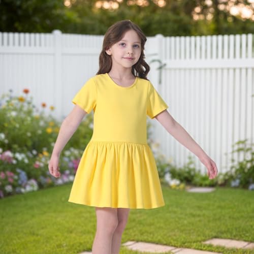Girls Dress Plain Short Sleeve Casual Dresses Kids Cotton A-line Skater Dresses For Girls Age 2-14 Years