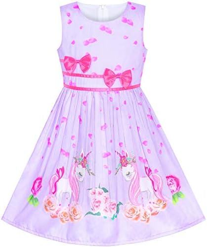 Girls Dress Purple Rose Flower Double Bow Tie Party Kids Sundress Age 4-12 Years