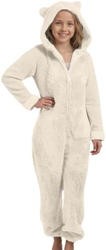 Girls Fleece Zip Up Onesie Kids Zip Up Bear Hooded Plush Jumpsuit Winter Warm Sleepsuit Pyjamas One Piece Outfits Halloween Christmas Thick Fall Clothes Casual Holiday Home Wear
