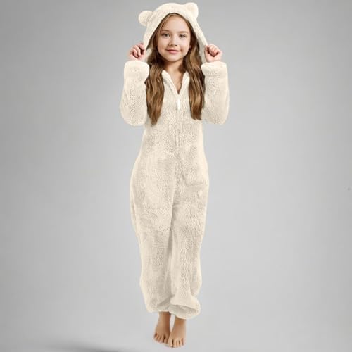 Girls Fleece Zip Up Onesie Kids Zip Up Bear Hooded Plush Jumpsuit Winter Warm Sleepsuit Pyjamas One Piece Outfits Halloween Christmas Thick Fall Clothes Casual Holiday Home Wear