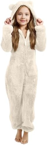 Girls Fleece Zip up Onesie Kids Zip up Bear Hooded Plush Jumpsuit Winter Warm Sleepsuit Pyjamas One Piece Outfits Halloween Christmas Thick Fall Clothes Casual Holiday Home Wear