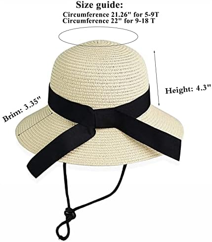 Girls Floppy Straw Hat Sun Hat For Teens Summer Wide-Brim Beach-Cap UPF50+ (20.47" For 2-5T 21.26" For 5-9T)