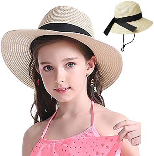 Girls Floppy Straw Hat Sun Hat for Teens Summer Wide-Brim Beach-Cap UPF50+ (20.47" for 2-5T 21.26" for 5-9T)