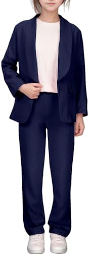 Girls Formal Blazer 2 Piece Suits Open Front Casual Jackets Inner Pocket Long Sleeve School Presentations Formal Coats Lapel Button Down Suits Jacket & Trousers for Formal Gatherings Leisure