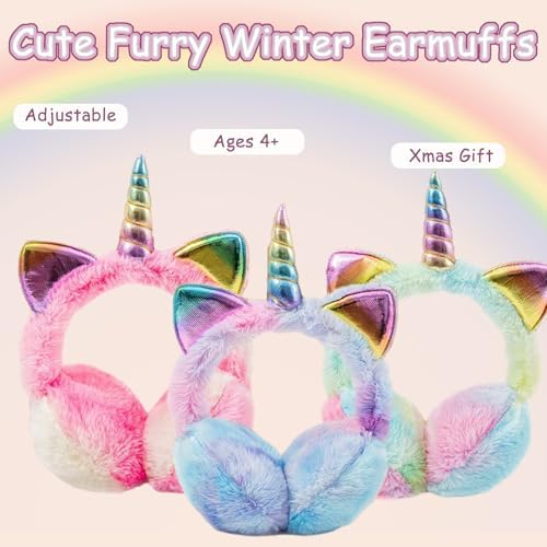 Girls Furry Ear Muffs Adjustable Winter Cat Ears Ear Warmers Cartoon Thermal Ear Cover Headwear Colorful Plush Outdoor Activities Earflap Windproof Ski Ear Protector For Kids Xmas Birthday Gift