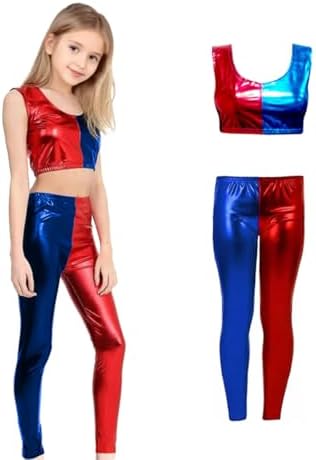 Girls Harley Quinn Vest Crop Top and Hot Pants Set Outfit Seasonal Red Blue 3-14 years