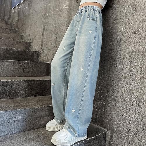 Girls Heart Jeans Kids Baggy Jeans Cute Embroidery Pattern Light Blue Elasticated Waist Teens Denim Cargo Trousers Wide Leg Girl Hip Hop Pants Vintage Casual Joggers Elastic Comfy Girls