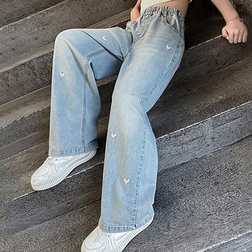 Girls Heart Jeans Kids Baggy Jeans Cute Embroidery Pattern Light Blue Elasticated Waist Teens Denim Cargo Trousers Wide Leg Girl Hip Hop Pants Vintage Casual Joggers Elastic Comfy Girls