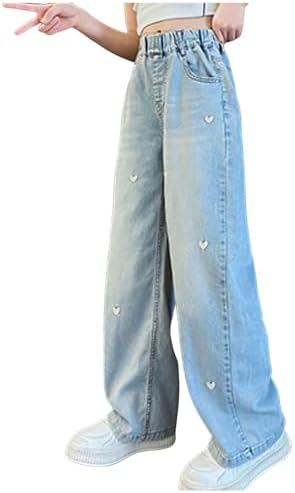 Girls Heart Jeans Kids Baggy Jeans Cute Embroidery Pattern Light Blue Elasticated Waist Teens Denim Cargo Trousers Wide Leg Girl Hip Hop Pants Vintage Casual Joggers Elastic Comfy Girls