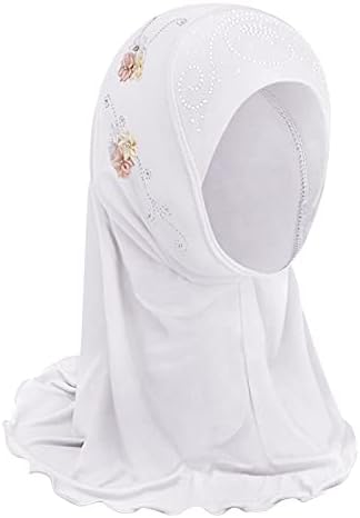 Girls Ice Silk Muslim Khimar Hijab Headscarf Flower Arab Scarf Shawls Stretch Turban Neck Wrap Islamic Head Wrap for Age 2-7 Years Girls