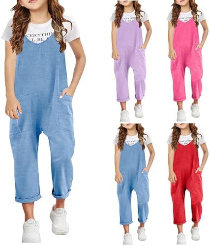 Girls Jumpsuit Adjustable Spaghetti Strap Loose Overalls Rompers Casual Baggy Plain Playsuits with Pockets Rompers Long Pants Dungarees Jumpsuits for Girls 4-13 Years
