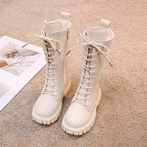 Girls Knee-High Boots With Side Zippers Girls Fashion Mid-Calf Cowgirl Boots Casual Lace-Up Side Zipper Soft And Comfort School Shoes For Kids Suitable For Autumn And Winter