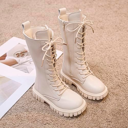 Girls Knee-High Boots With Side Zippers Girls Fashion Mid-Calf Cowgirl Boots Casual Lace-Up Side Zipper Soft And Comfort School Shoes For Kids Suitable For Autumn And Winter