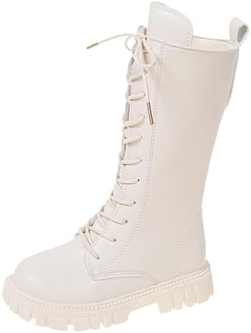 Girls Knee-High Boots with Side Zippers Girls Fashion Mid-Calf Cowgirl Boots Casual Lace-Up Side Zipper Soft and Comfort School Shoes for Kids Suitable for Autumn and Winter
