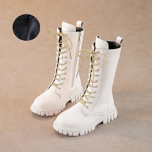 Girls Lace Up Riding Boots Mid Calf Combat Boots PU Leather Side Zipper Punk Goth Boot 4-11 Years