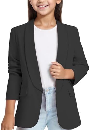 Girls Long Sleeve BIazer Jacket Elegant Formal Suit Open Front With Inner Pocket Smart Casual Shawl Collar Coat For Kids Stylish School Unlform Outerwear For Parties Weddings SpeciaI Occasions