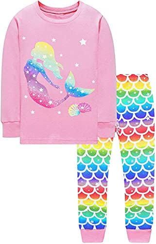 Girls Pyjamas Set Cute Mermaid Fairy Sleepwear 100% Cotton Kids Winter Long Sleeve Pjs T-Shirt and Pants 2 Pieces Children Outfit Toddler Clothes Age 1-7 Years