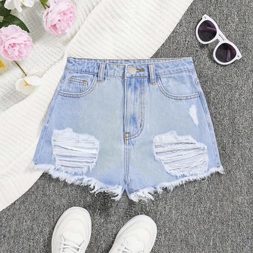 Girls Ripped Jean Shorts Button Elasticated Waist Wide Leg Denim Shorts Casual Fashion Loose Straight Leg Short Jeans With Pockets For Kids 7-12 Years Summer Beach Holiday