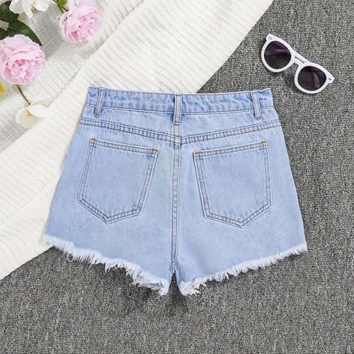 Girls Ripped Jean Shorts Button Elasticated Waist Wide Leg Denim Shorts Casual Fashion Loose Straight Leg Short Jeans With Pockets For Kids 7-12 Years Summer Beach Holiday