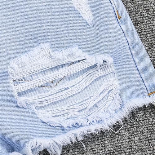 Girls Ripped Jean Shorts Button Elasticated Waist Wide Leg Denim Shorts Casual Fashion Loose Straight Leg Short Jeans With Pockets For Kids 7-12 Years Summer Beach Holiday