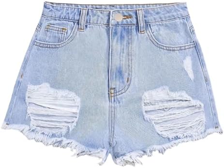 Girls Ripped Jean Shorts Button Elasticated Waist Wide Leg Denim Shorts Casual Fashion Loose Straight Leg Short Jeans with Pockets for Kids 7-12 Years Summer Beach Holiday